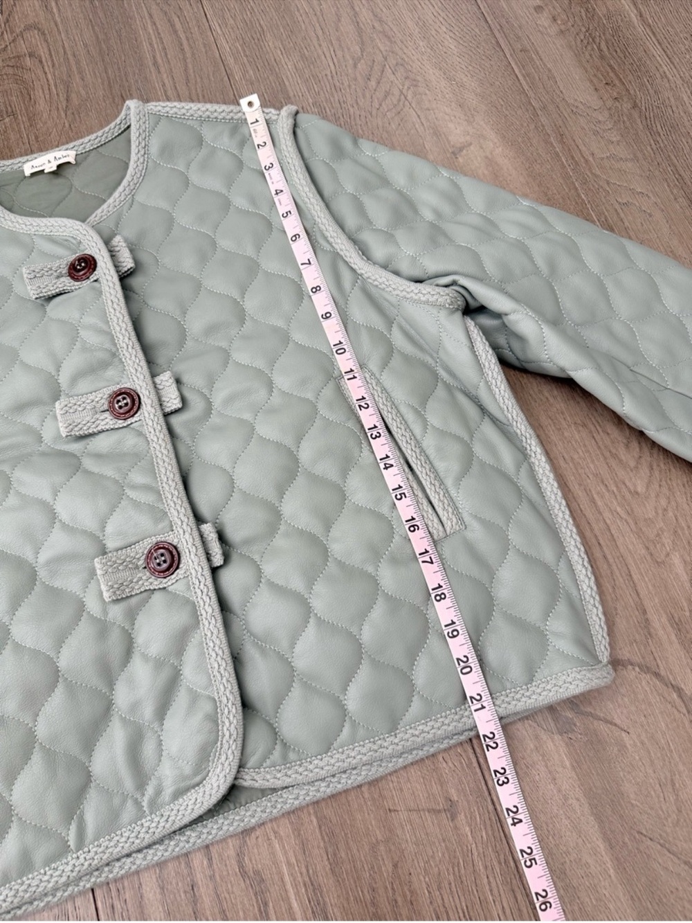 Aaron & Amber Quilted Faux Leather Oversized Collarless Jacket Green Small - Picture 12 of 13